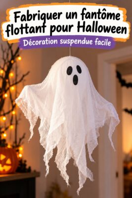 Un fantôme flottant en décoration d'Halloween, fait maison avec des matériaux simples.