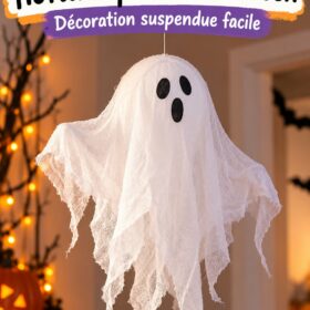 Un fantôme flottant en décoration d'Halloween, fait maison avec des matériaux simples.