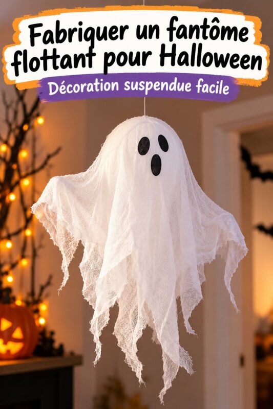 Un fantôme flottant en décoration d'Halloween, fait maison avec des matériaux simples.