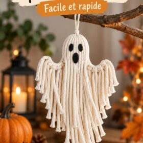 Fantôme en macramé suspendu décorant une pièce pour Halloween