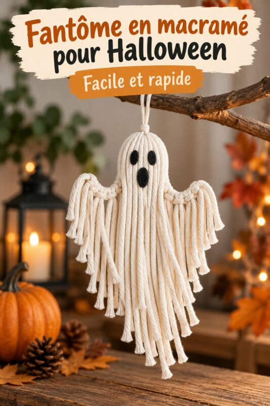 Fantôme en macramé suspendu décorant une pièce pour Halloween