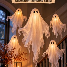 Fantômes flottants en mousseline décorant une pièce pour Halloween