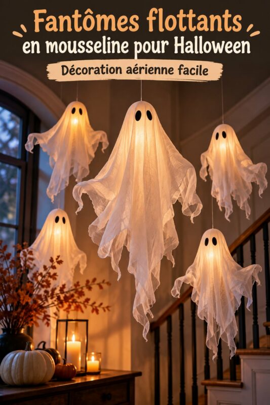 Fantômes flottants en mousseline décorant une pièce pour Halloween