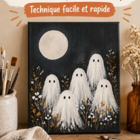 Tableau décoratif avec des fantômes peints pour Halloween.