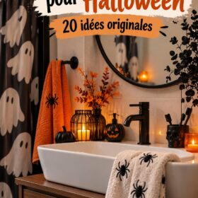 Salle de bains décorée pour Halloween avec des accessoires thématiques.