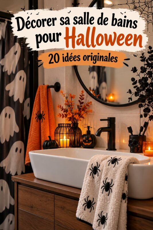 Salle de bains décorée pour Halloween avec des accessoires thématiques.