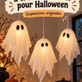 Pendentifs fantômes décoratifs réalisés en DIY pour Halloween, suspendus dans une ambiance festive.