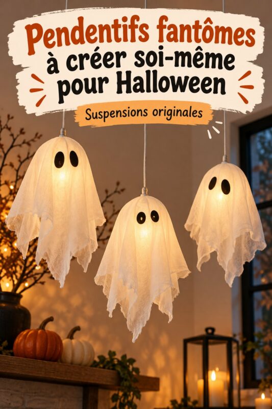 Pendentifs fantômes décoratifs réalisés en DIY pour Halloween, suspendus dans une ambiance festive.