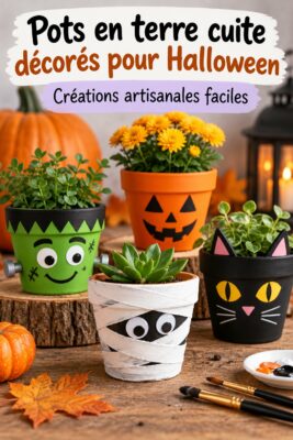 Pots en terre cuite décorés pour Halloween sur une table