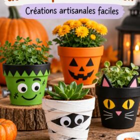 Pots en terre cuite décorés pour Halloween sur une table