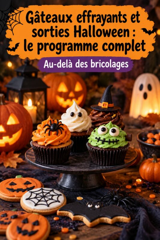 Un gâteau d'Halloween décoré avec des motifs effrayants, parfait pour les fêtes en famille.