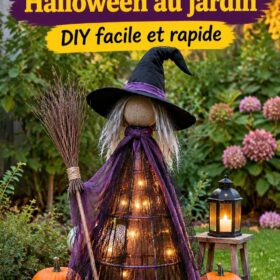 Une sorcière en cage à tomates décorative pour Halloween dans un jardin