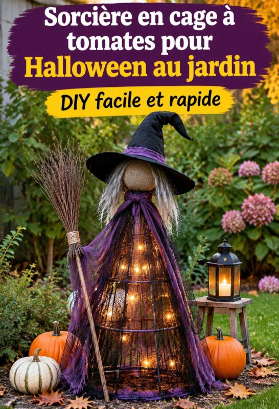 Une sorcière en cage à tomates décorative pour Halloween dans un jardin