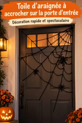 Toile d'araignée décorative accrochée à une porte d'entrée pour Halloween.