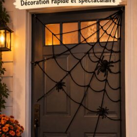 Toile d'araignée décorative accrochée à une porte d'entrée pour Halloween.