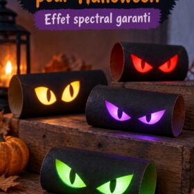 Un maquillage d'Halloween avec des yeux lumineux et scintillants, idéal pour les fêtes.
